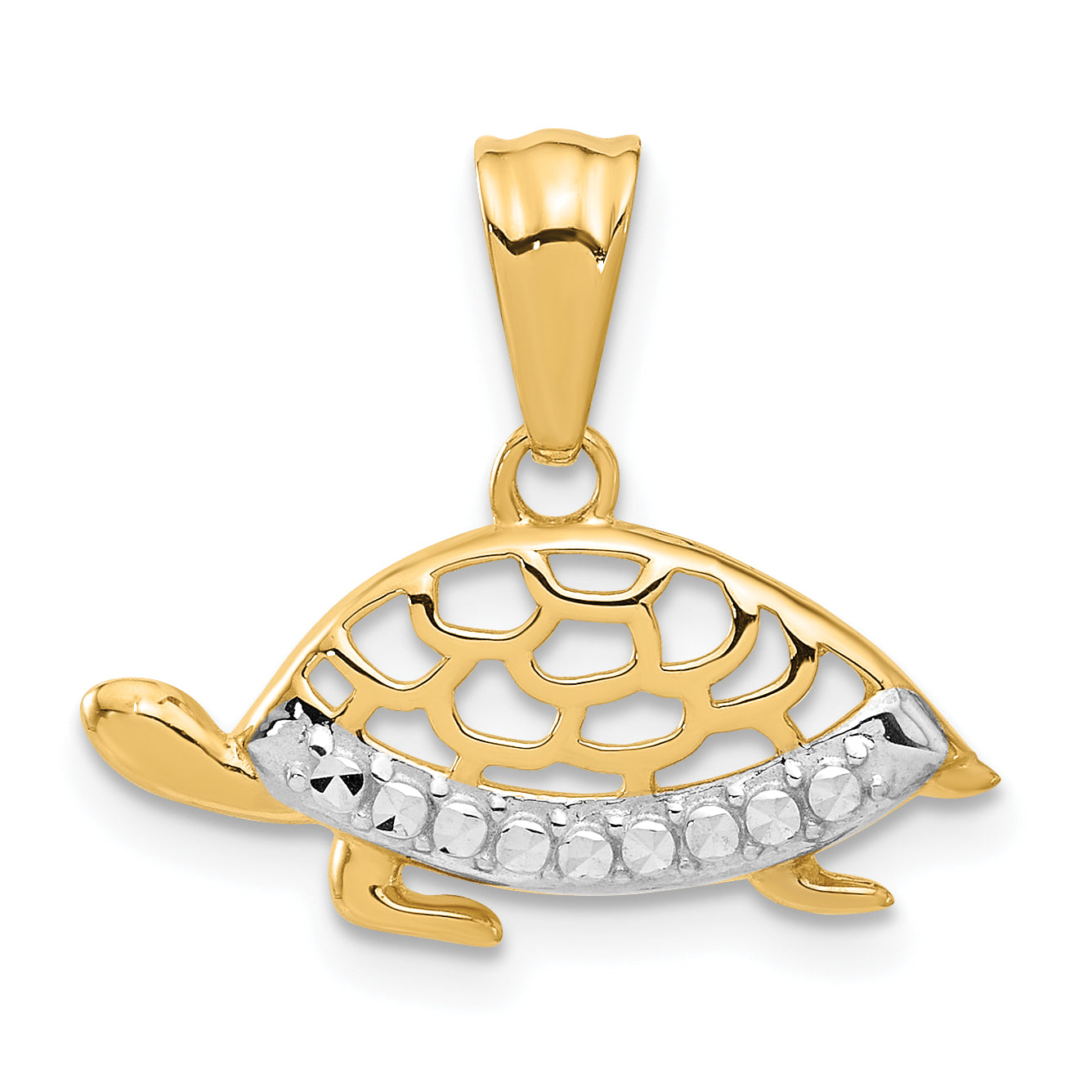 14K with White Rhodium Diamond Cut Turtle Pendant