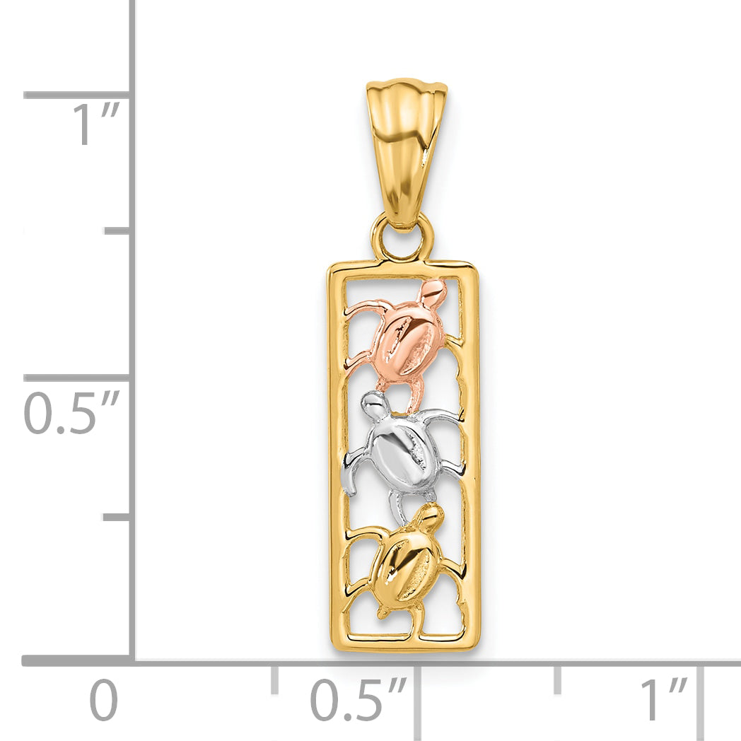 14K Two-tone with White Rhodium Polished Turtles Rectangle Pendant