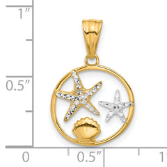 14K with White Rhodium Diamond Cut Starfish Seashell in Circle Pendant