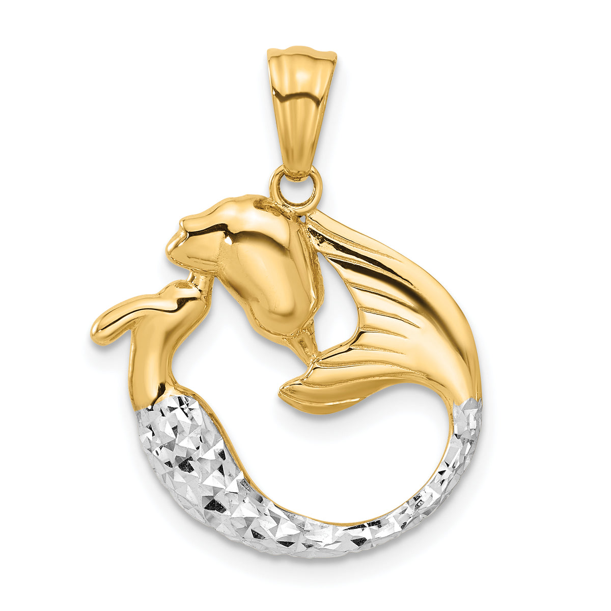 14K with White Rhodium Diamond Cut Mermaid Pendant