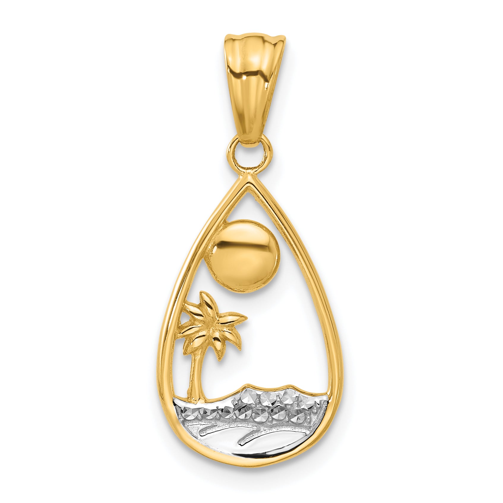 14K with White Rhodium Diamond Cut Ocean Scene Teardrop Pendant