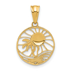 14K with White Rhodium Ocean and Palm Tree Round Pendant