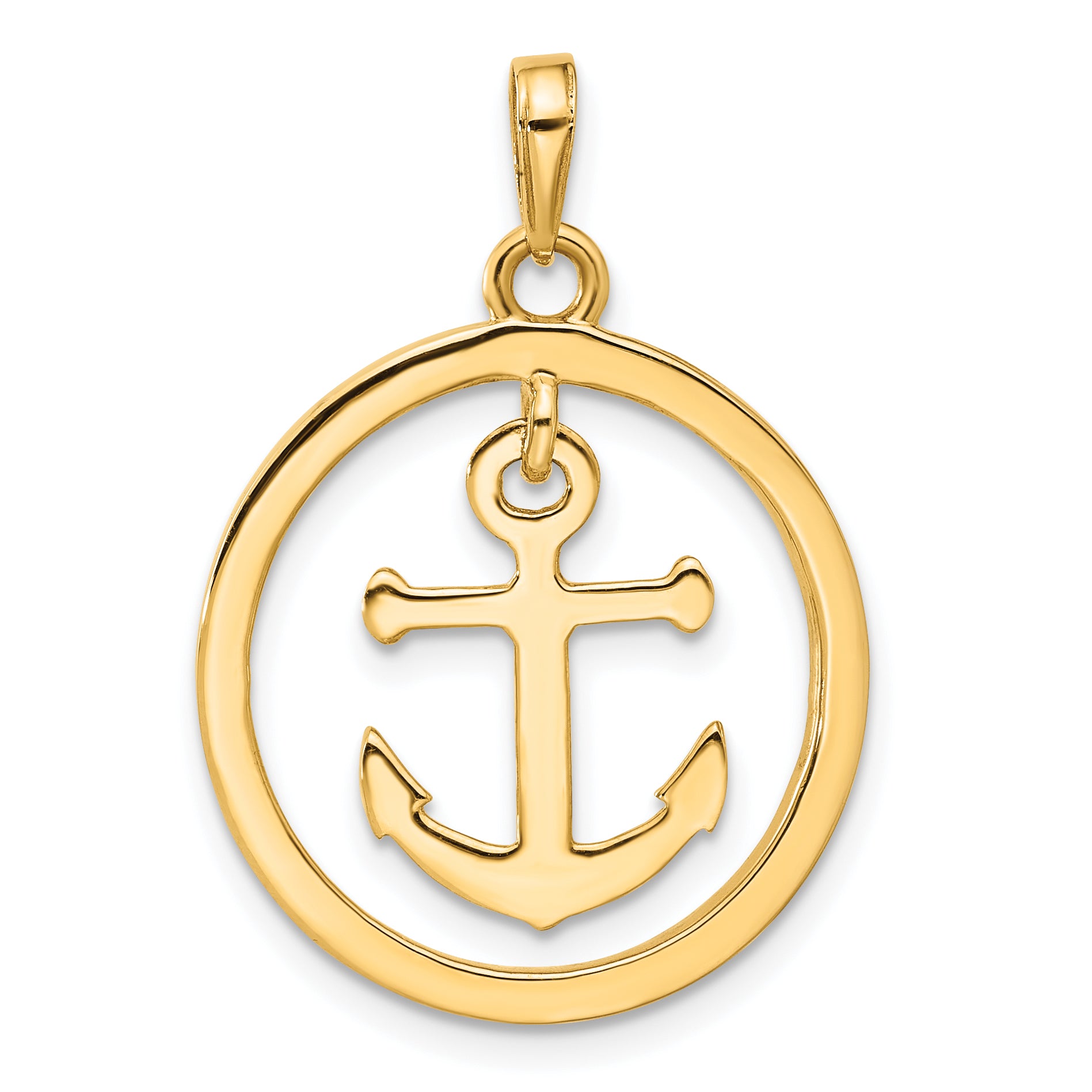 14k and White Rhodium D/C Anchor Dangle in Circle Pendant