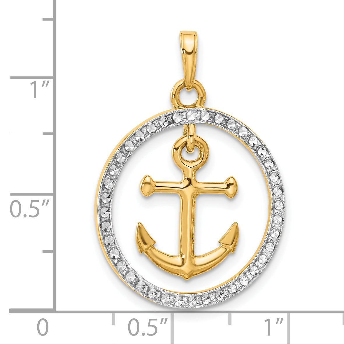 14k and White Rhodium D/C Anchor Dangle in Circle Pendant