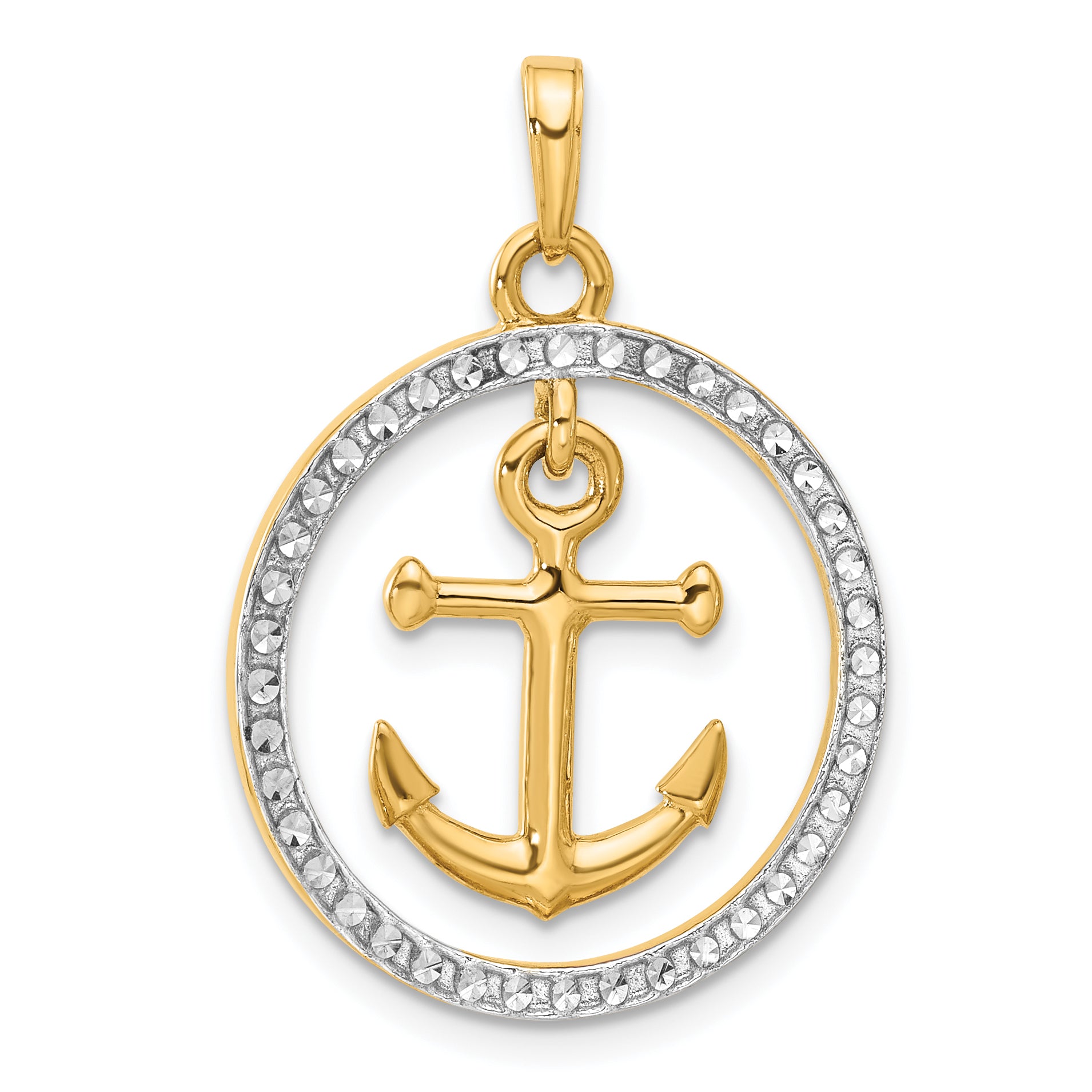 14k and White Rhodium D/C Anchor Dangle in Circle Pendant