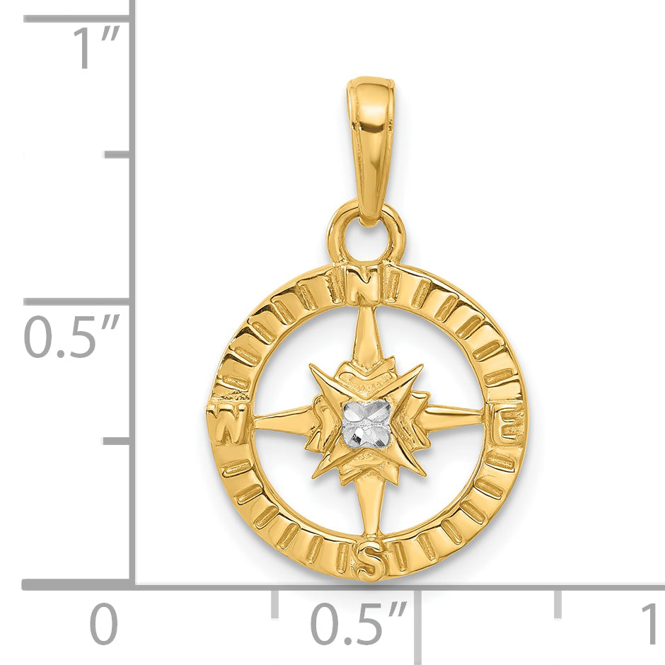 14k and White Rhodium D/C Compass Pendant