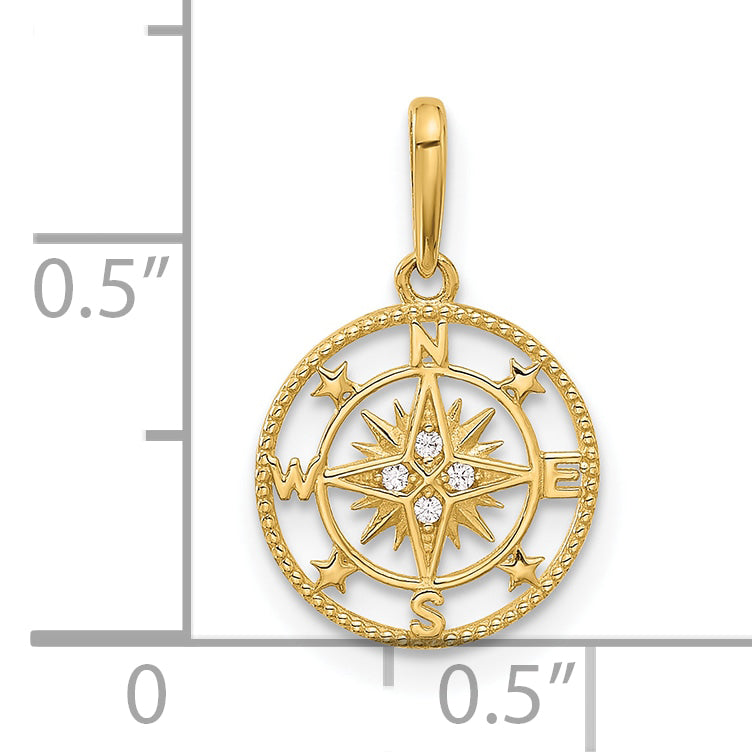 14k Polished CZ Compass Pendant
