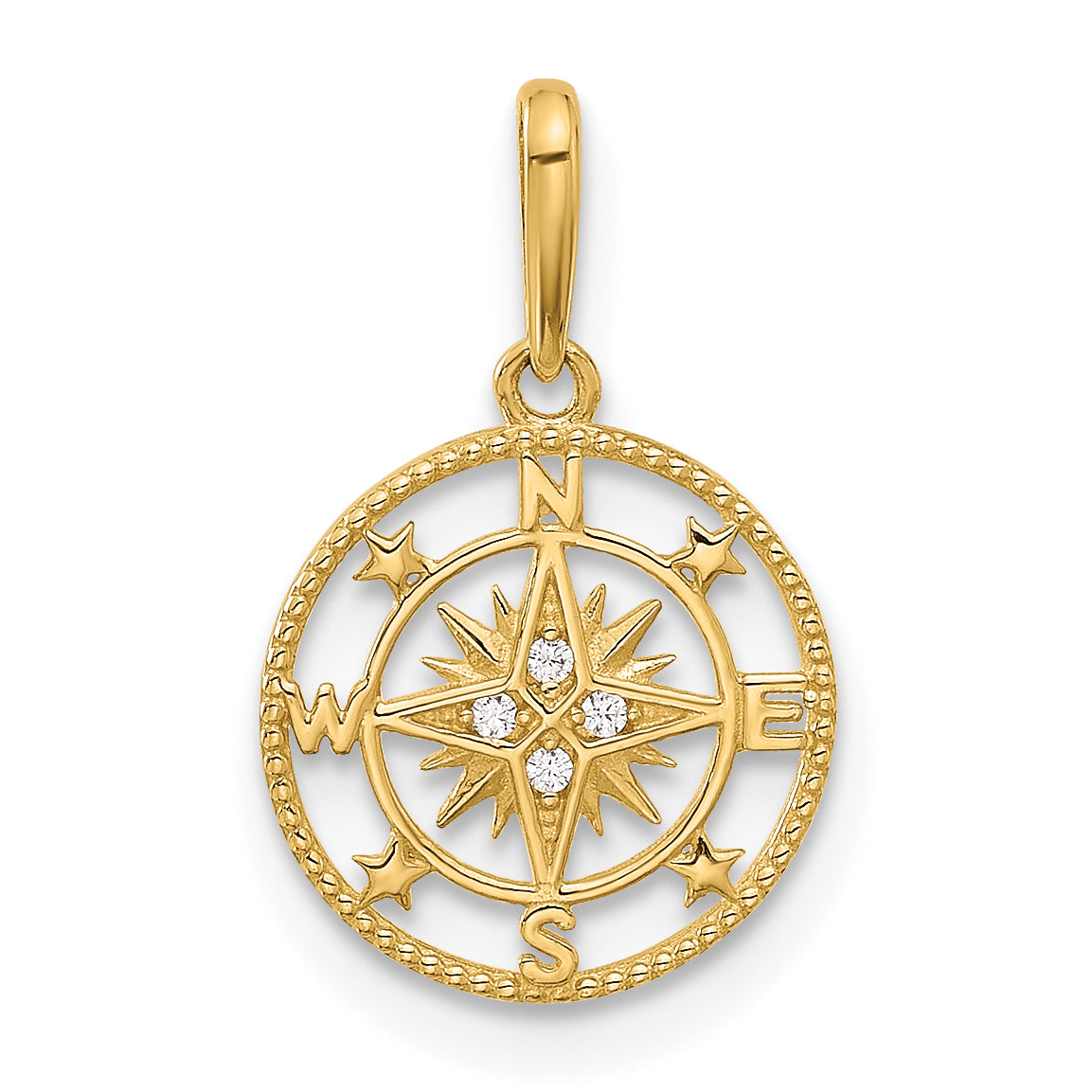 14k Polished CZ Compass Pendant