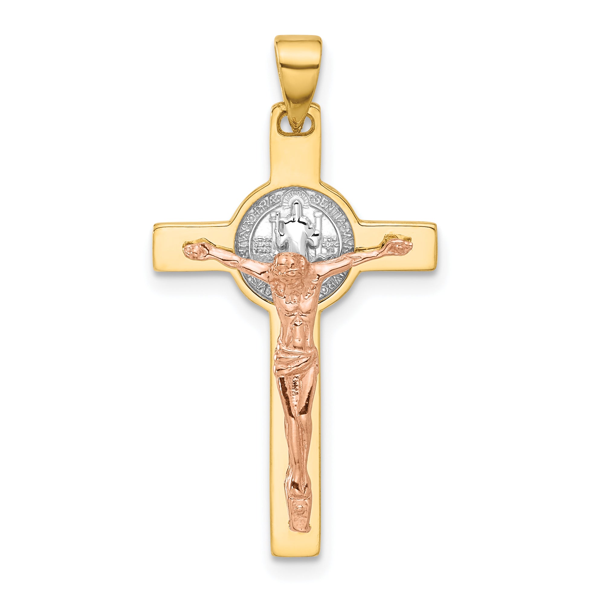 14K Two-tone with White Rhodium Crucifix and St Benedict Pendant