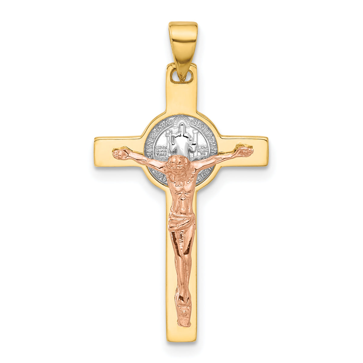 14K Two-tone with White Rhodium Crucifix and St Benedict Pendant