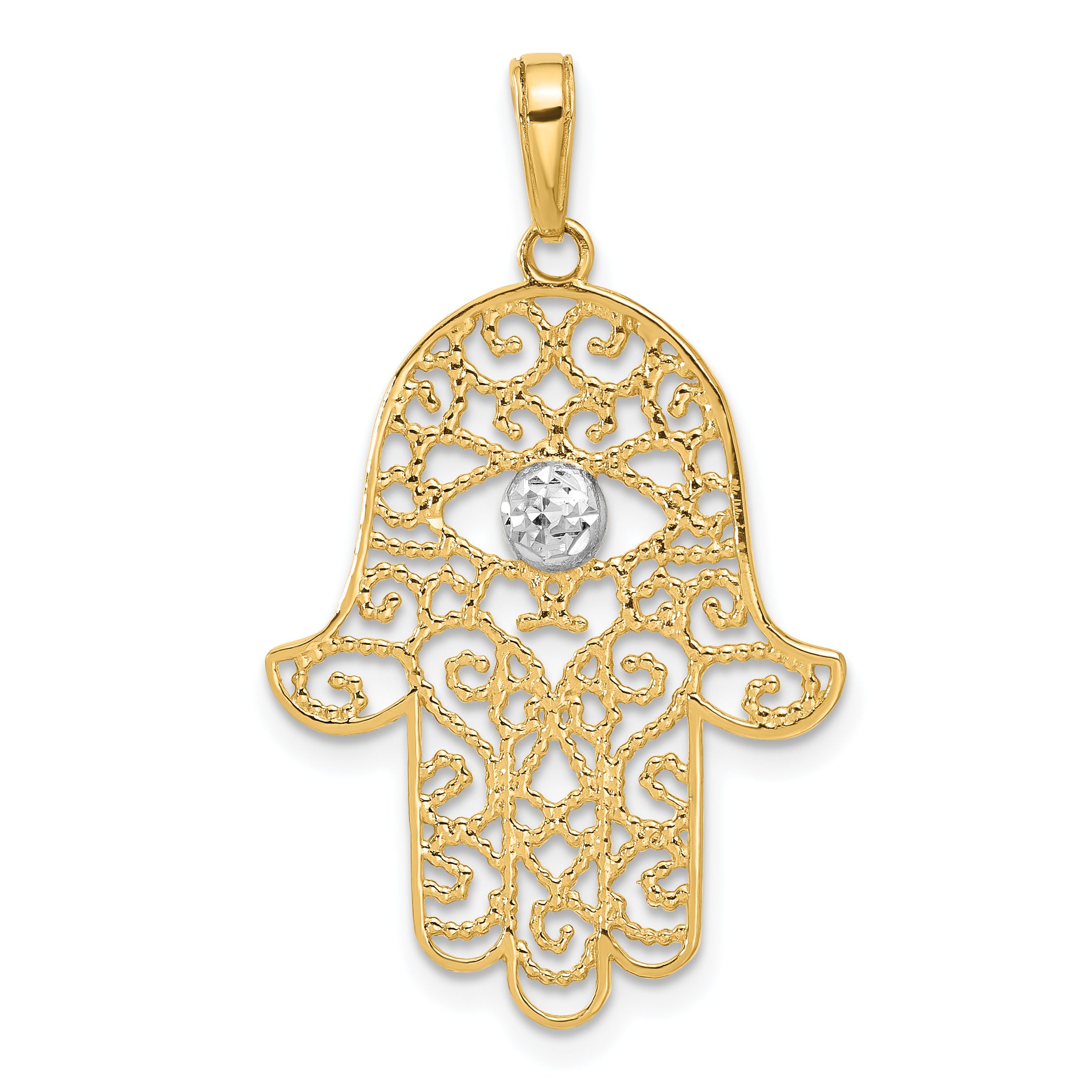 14k and White Rhodium D/C Filigree Hamsa Pendant