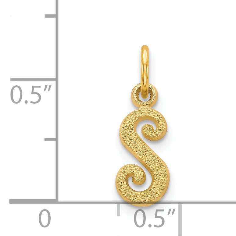 14K Yellow Gold Script Letter S Charm with Polished Textured Finish