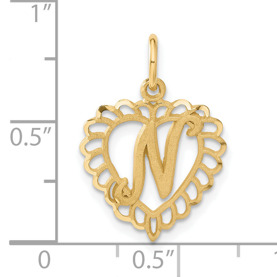 14K Gold Heart Letter N Charm with Diamond-Cut Sandblasted Finish Elegant and Unique