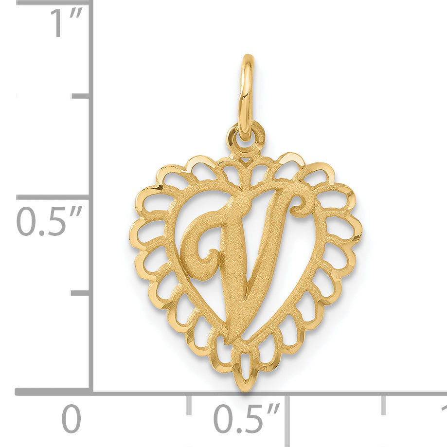 14K Gold Diamond-Cut Heart Letter V Charm with Sandblasted Finish