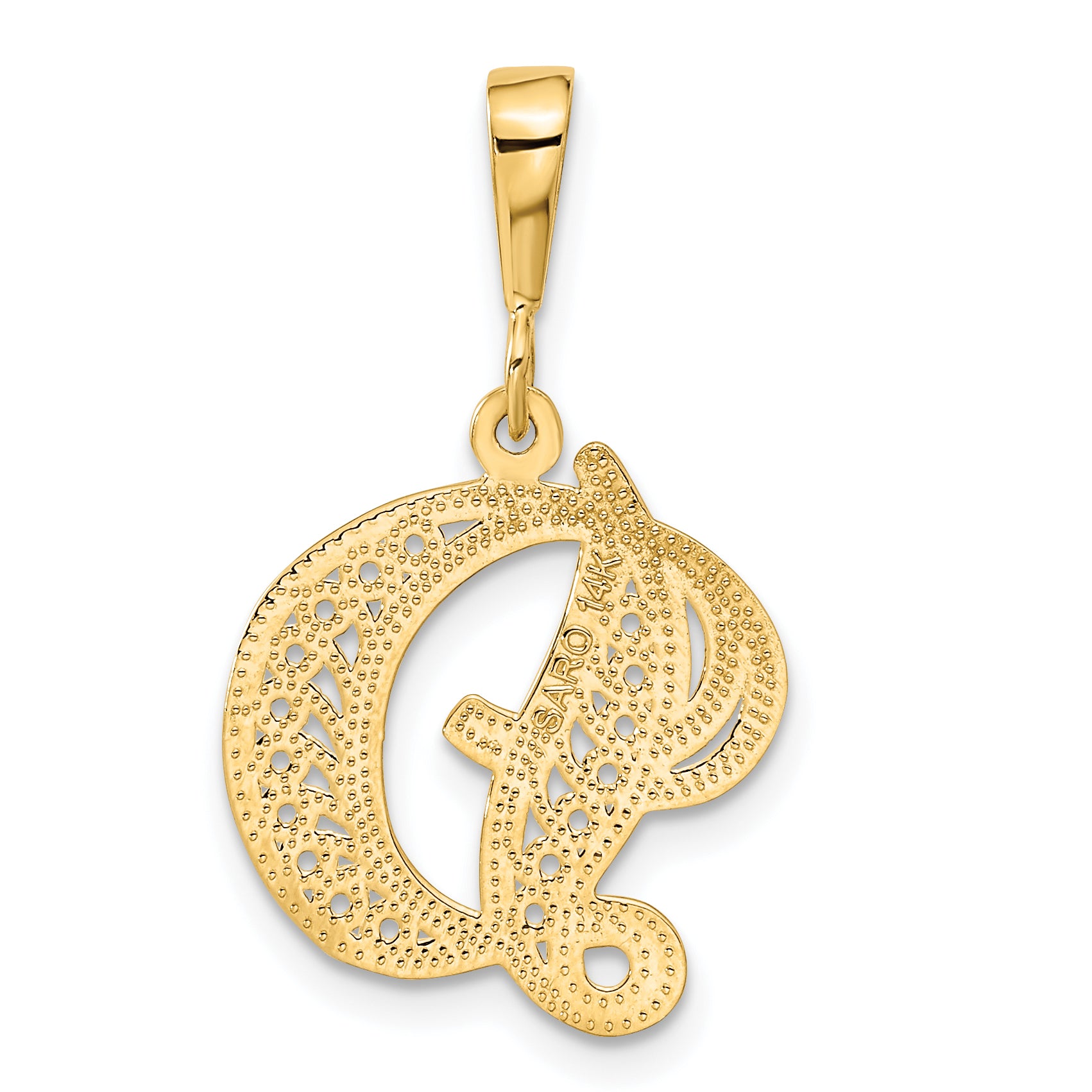 14K Yellow Gold Script Filigree Letter D Pendant – Elegant Polished Finish