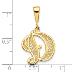 14K Yellow Gold Script Filigree Letter D Pendant – Elegant Polished Finish