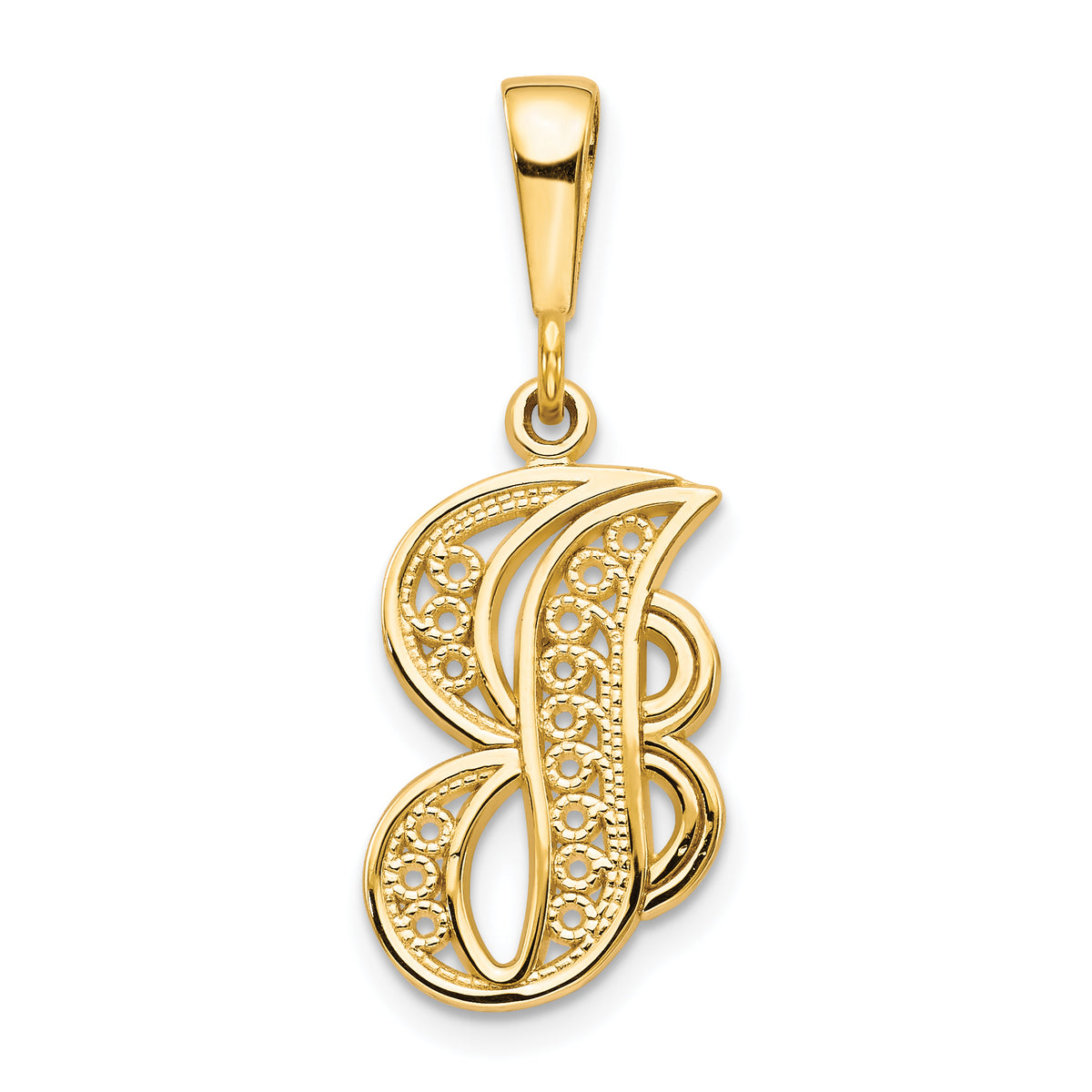 14KY Polished Script Filigree Letter J Initial Pendant