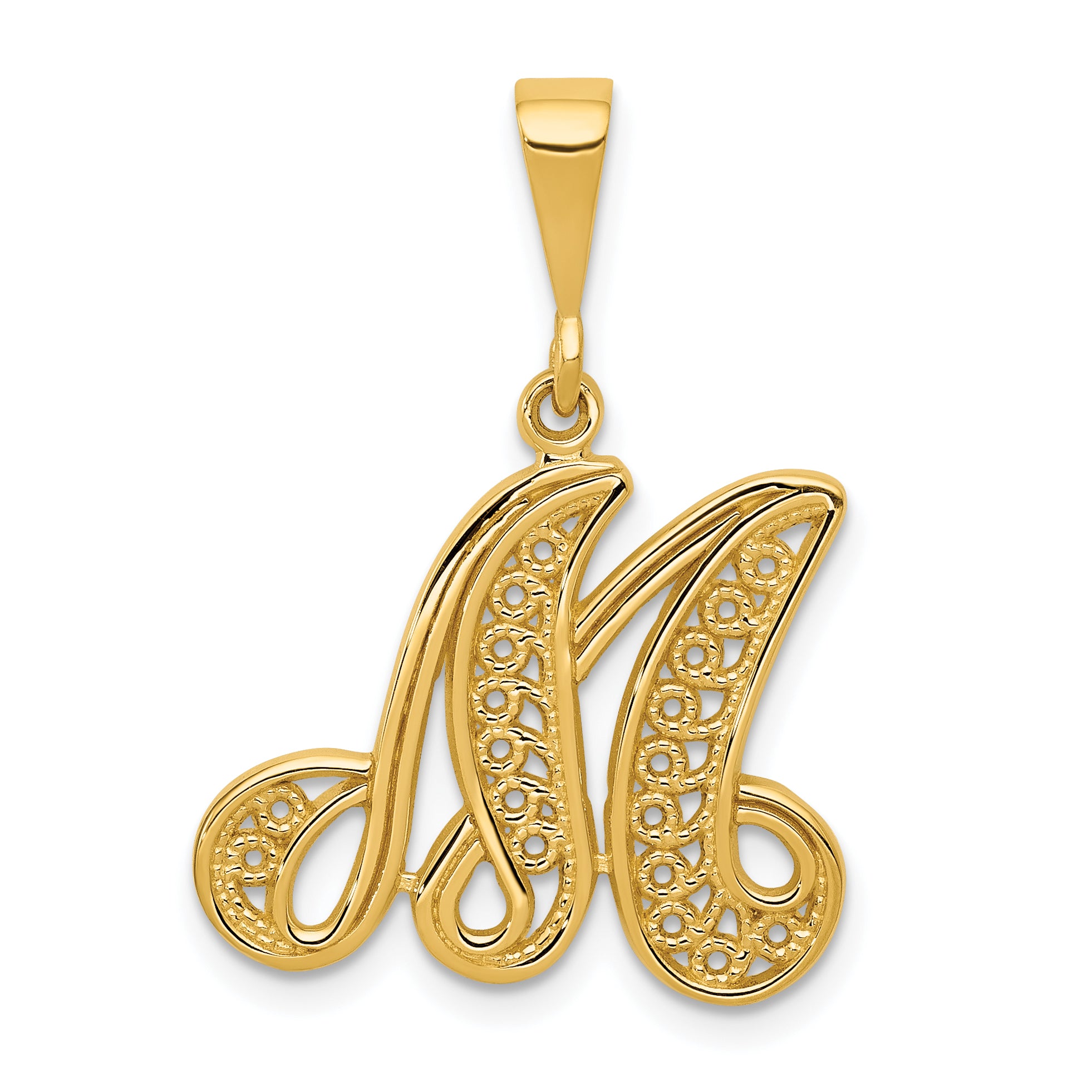 14KY Polished Script Filigree Letter M Initial Pendant