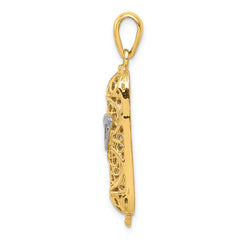 14K Gold Mezuzah Pendant with White Rhodium 3D Shin Charm, Polished Finish