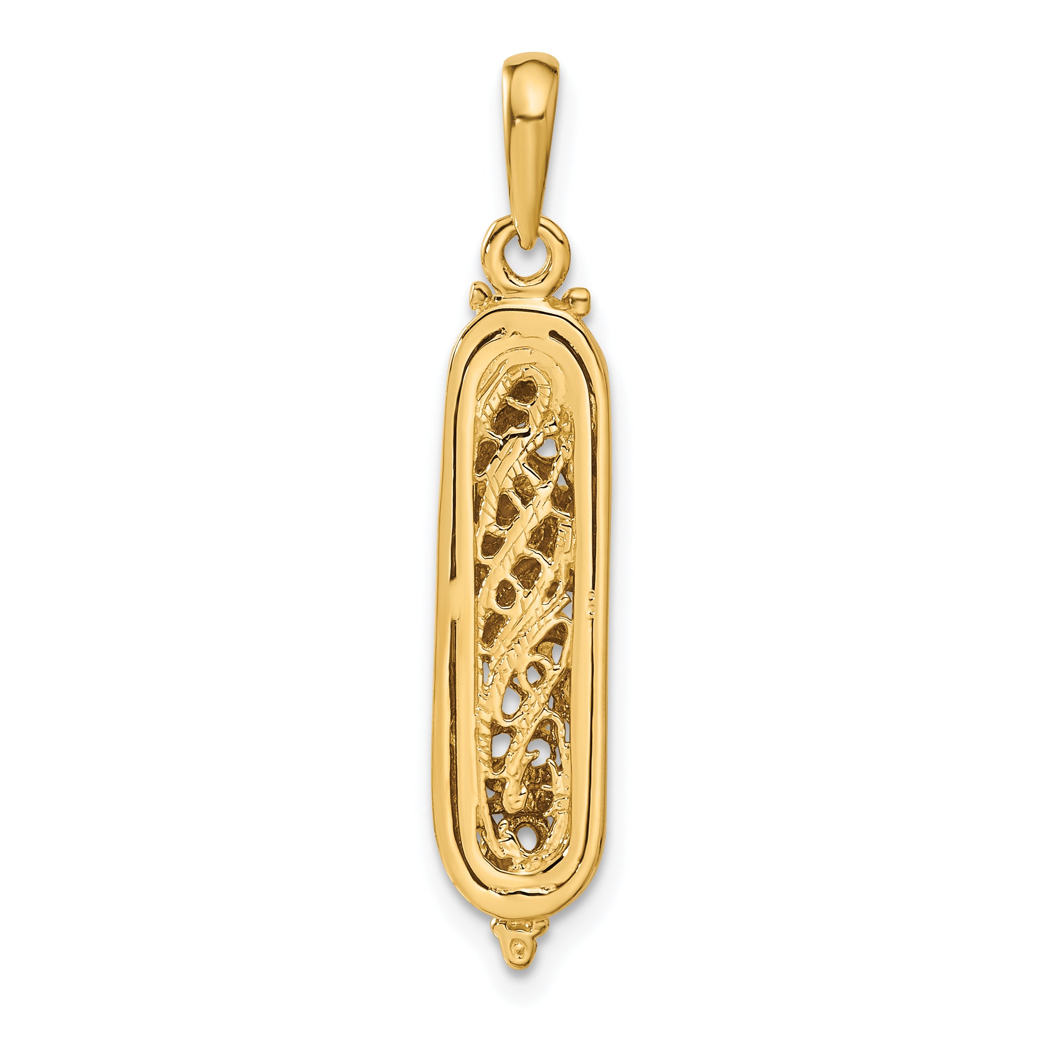 14K Gold Mezuzah Pendant with White Rhodium 3D Shin Charm, Polished Finish