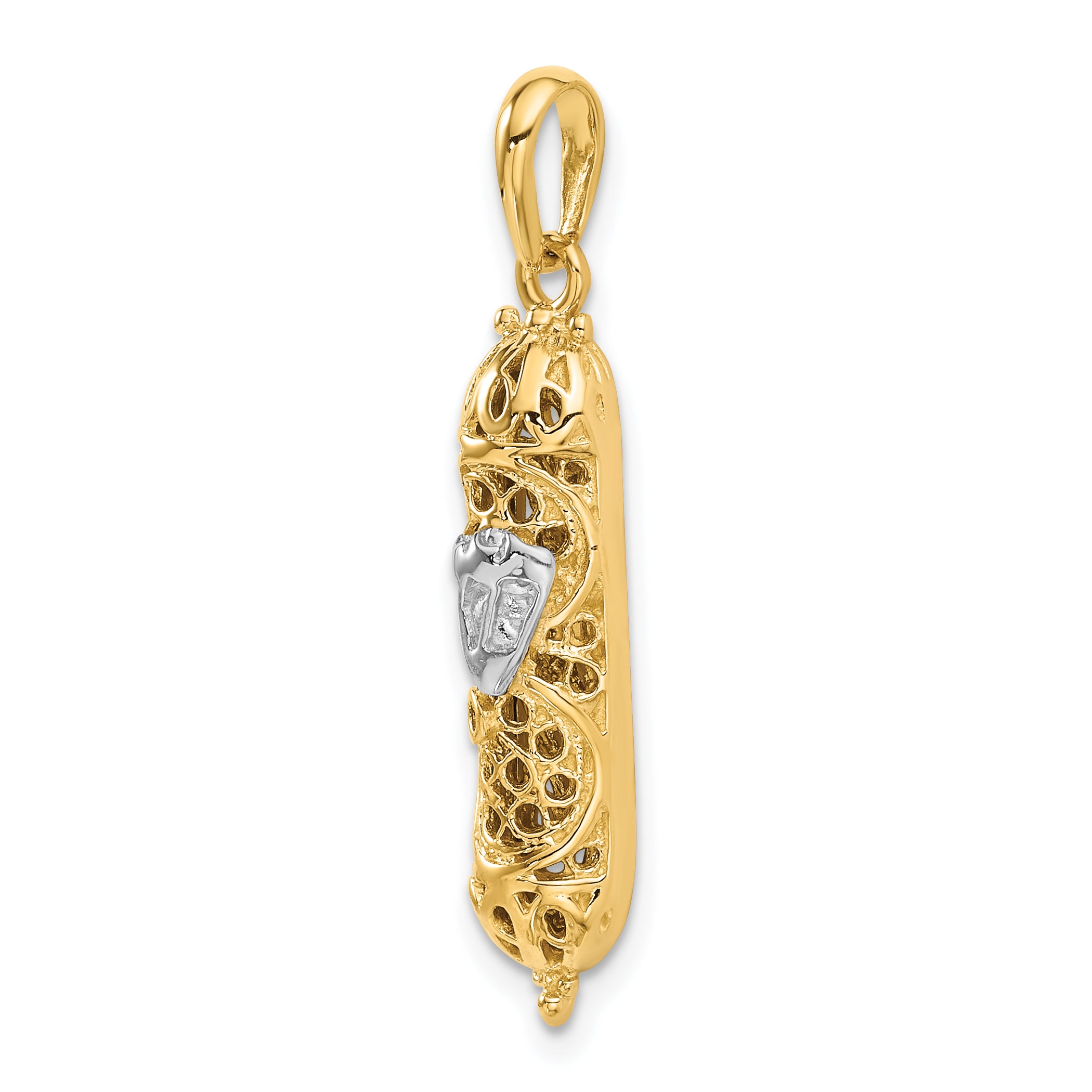 14K Gold Mezuzah Pendant with White Rhodium 3D Shin Charm, Polished Finish