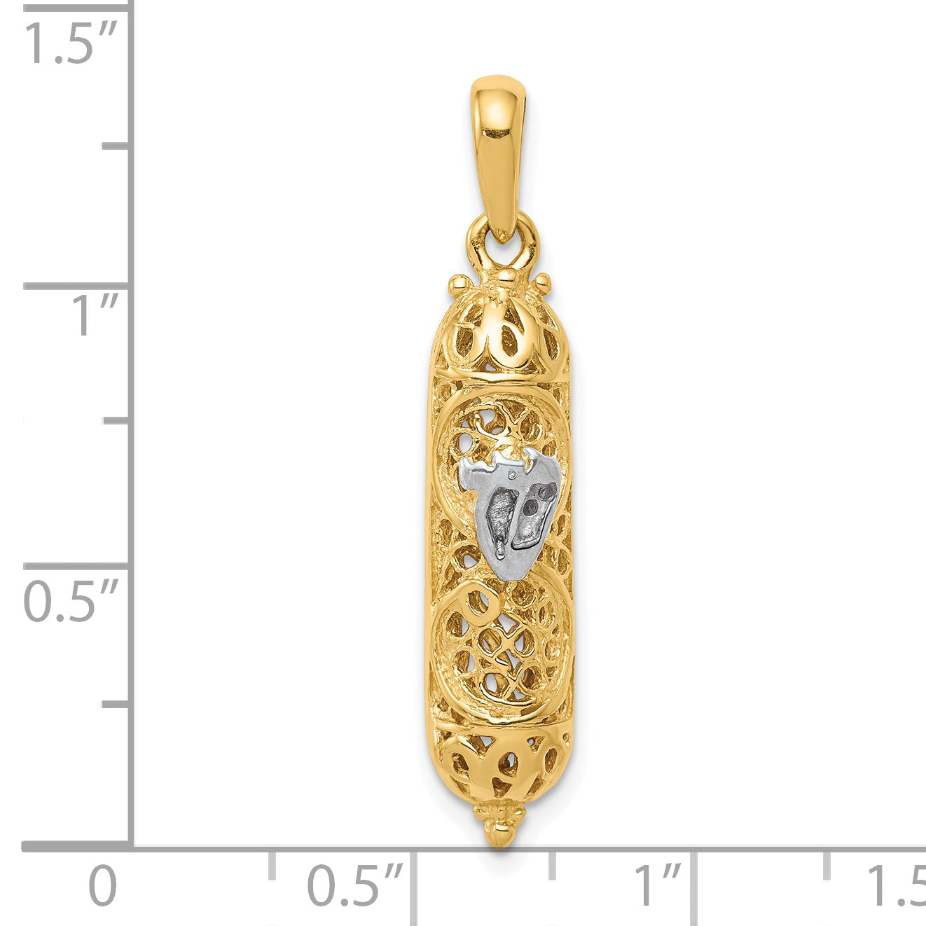 14K Gold Mezuzah Pendant with White Rhodium 3D Shin Charm, Polished Finish