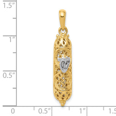 14K Gold Mezuzah Pendant with White Rhodium 3D Shin Charm, Polished Finish