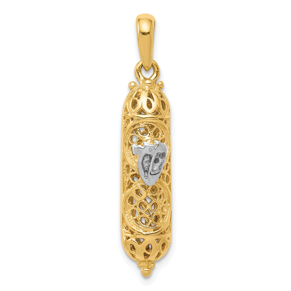 14K w/ White Rhodium 3D Mezuzah W/Shin Charm