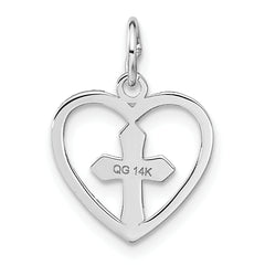 14K White Gold Cross in Heart Charm with Rhodium Finish, Elegant & Gift-Ready