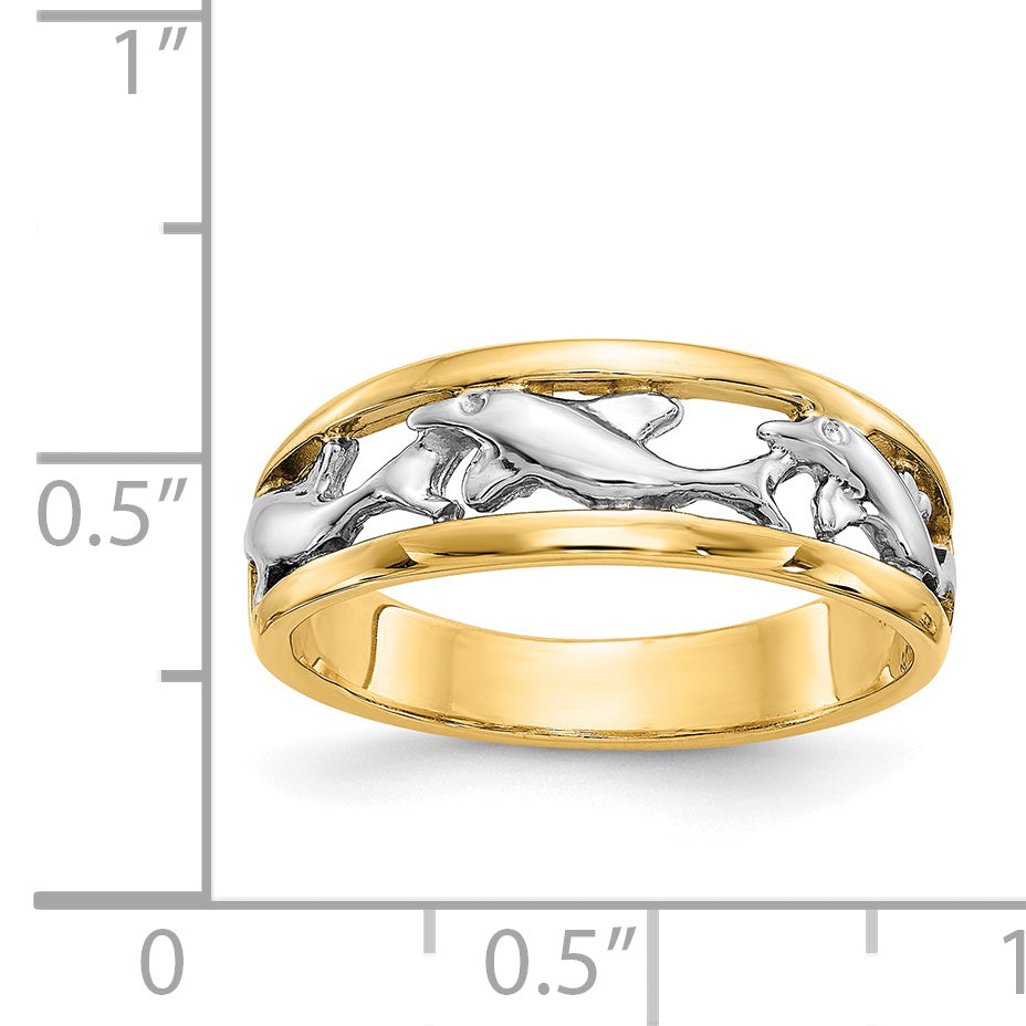 14k With Rhodium Dolphin Ring