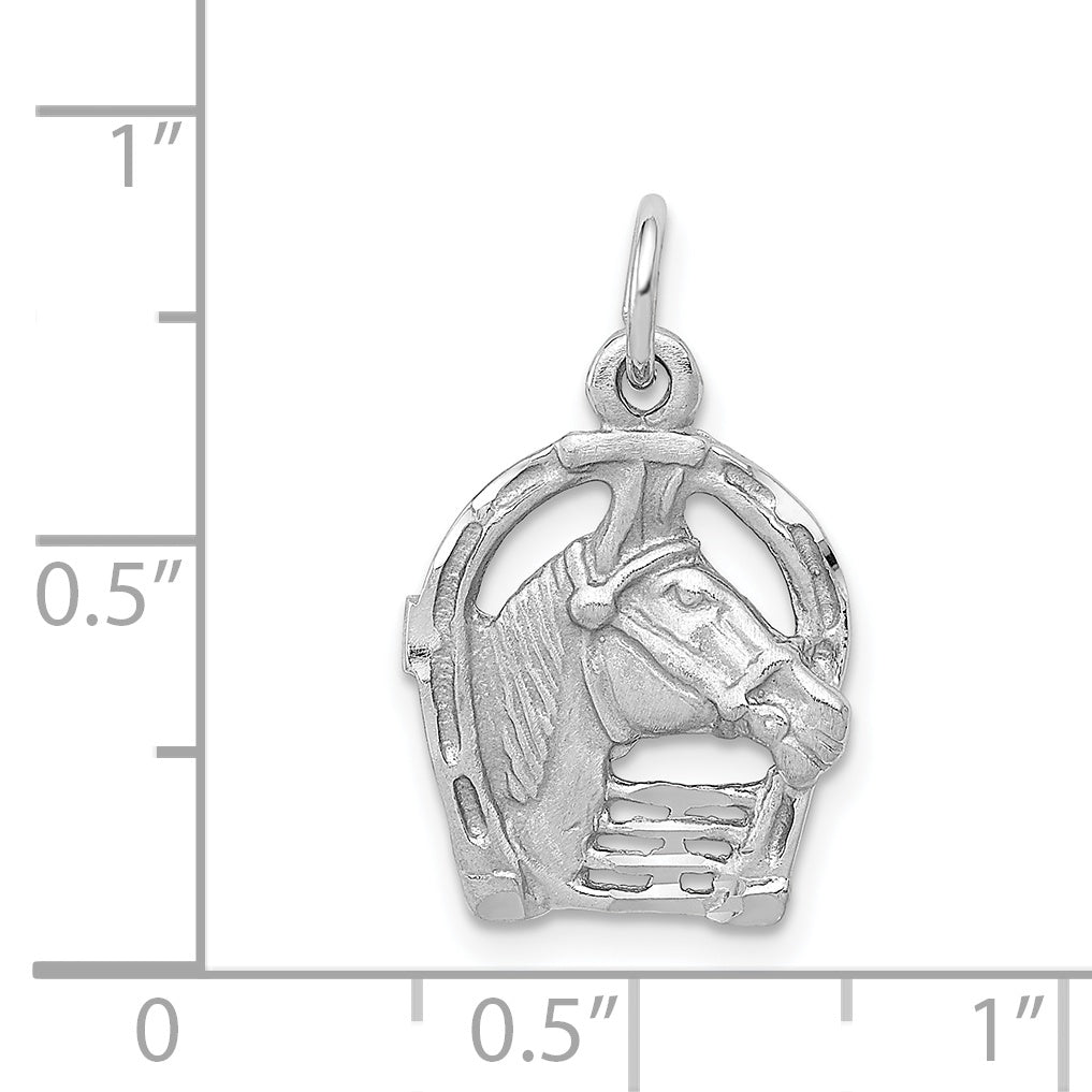 14K White Gold Diamond-Cut Horse Head in Horseshoe Men's Charm Polished Finish