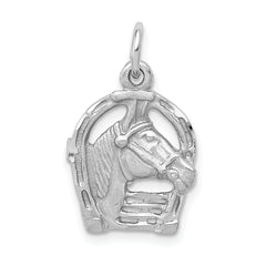 14k White Gold Diamond-cut Horse Head in Horseshoe Charm