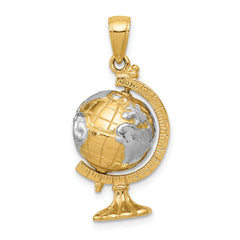 14K Gold and Rhodium Moveable Globe Pendant for Men Casted Solid Design