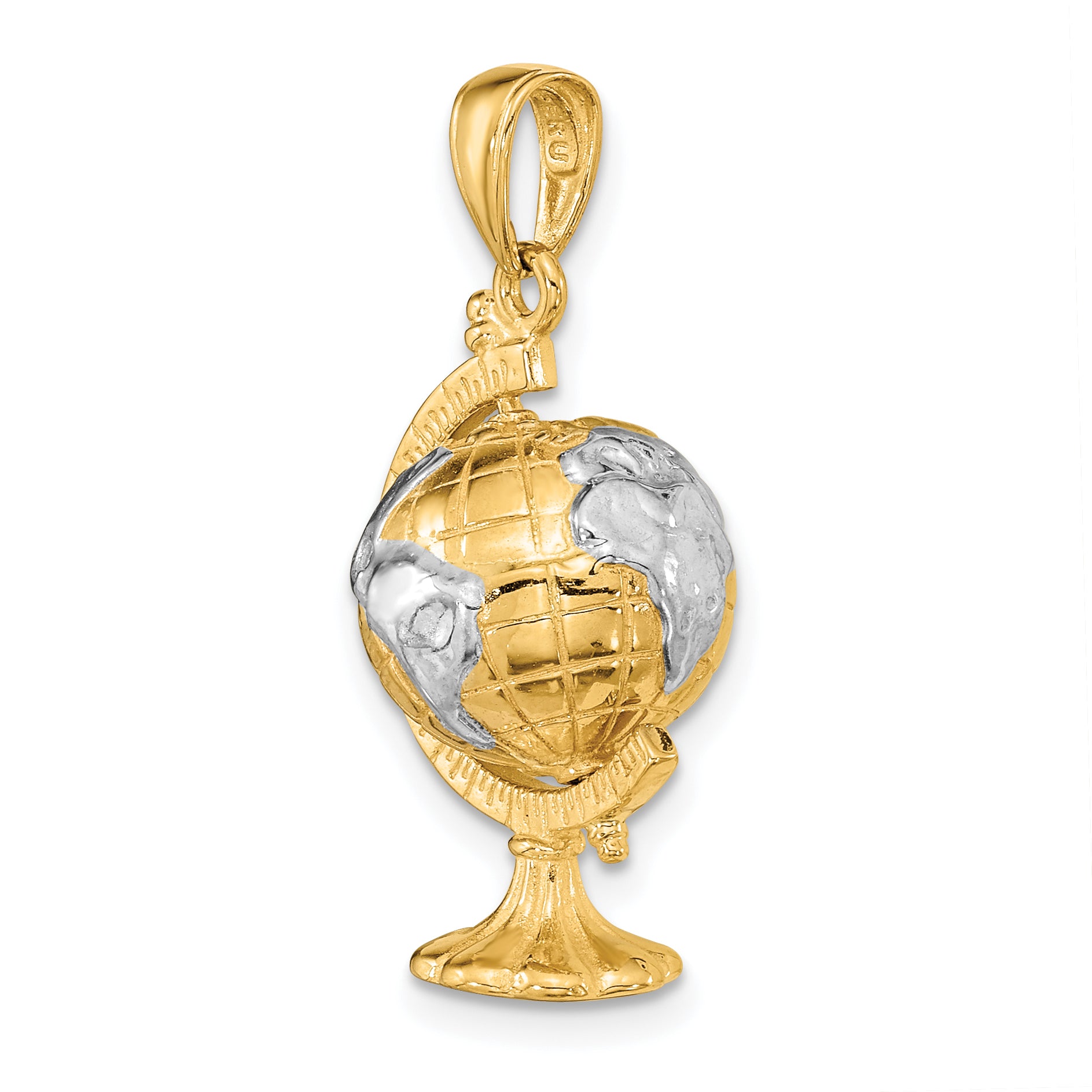 14K Gold and Rhodium Moveable Globe Pendant for Men Casted Solid Design