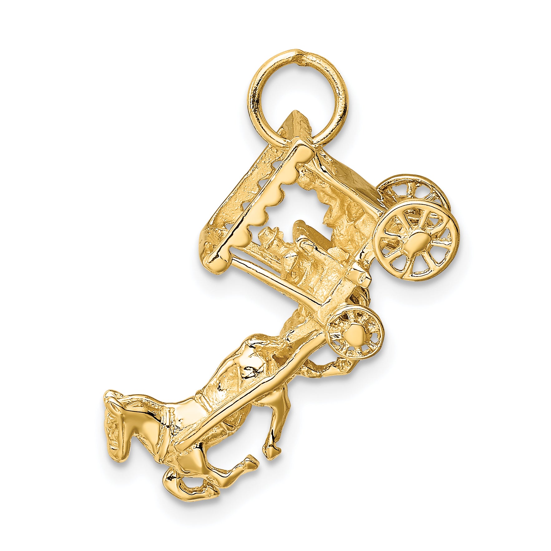 14K Gold Polished 3D Horse and Carriage Charm Elegant Moveable Design