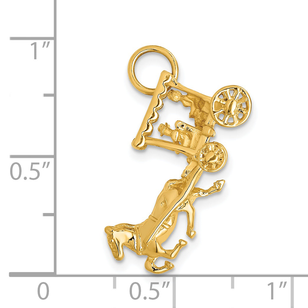 14K Gold Polished 3D Horse and Carriage Charm Elegant Moveable Design