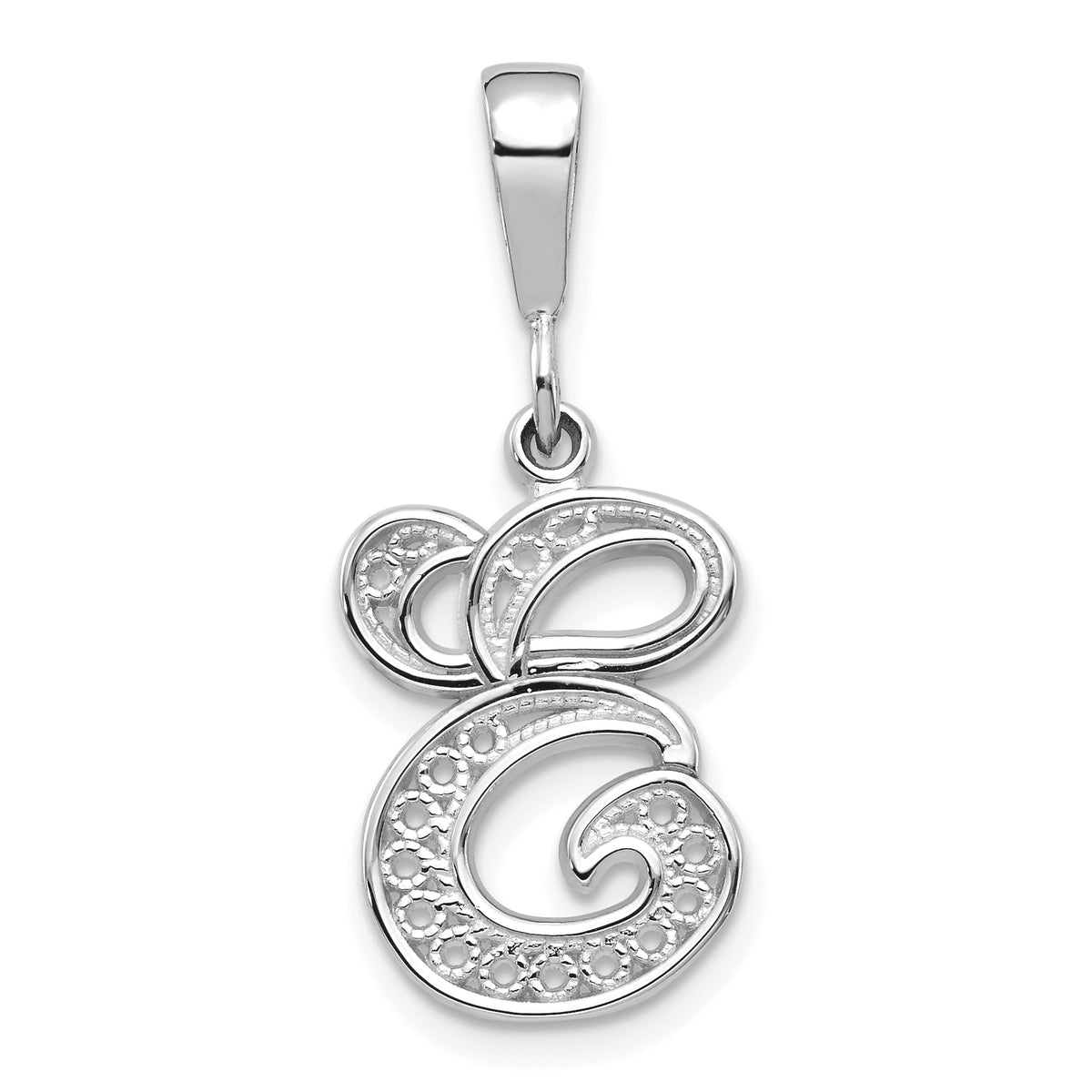 14KW White Gold Solid Polished Script Filigree Letter E Initial Pendant