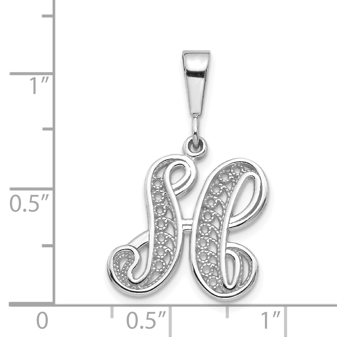 10K White Gold Filigree Initial H Pendant with Polished Rhodium Finish