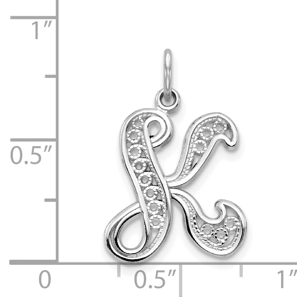 10K White Gold Filigree Initial K Pendant with Rhodium Finish