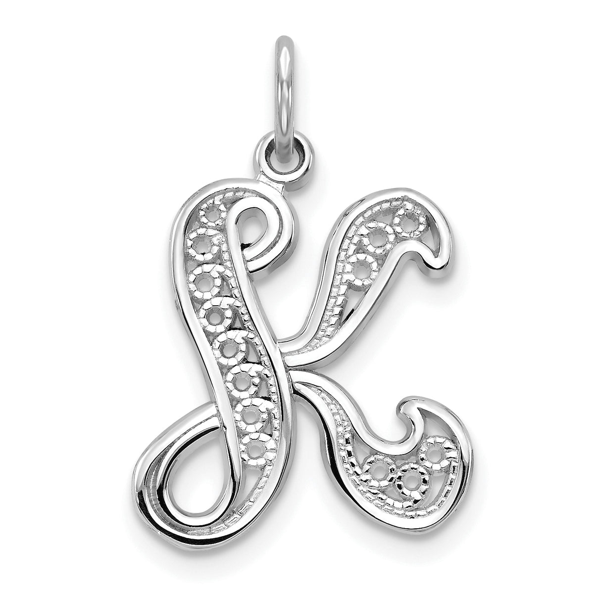 14KW White Gold Solid Polished Script Filigree Letter K Initial Pendant