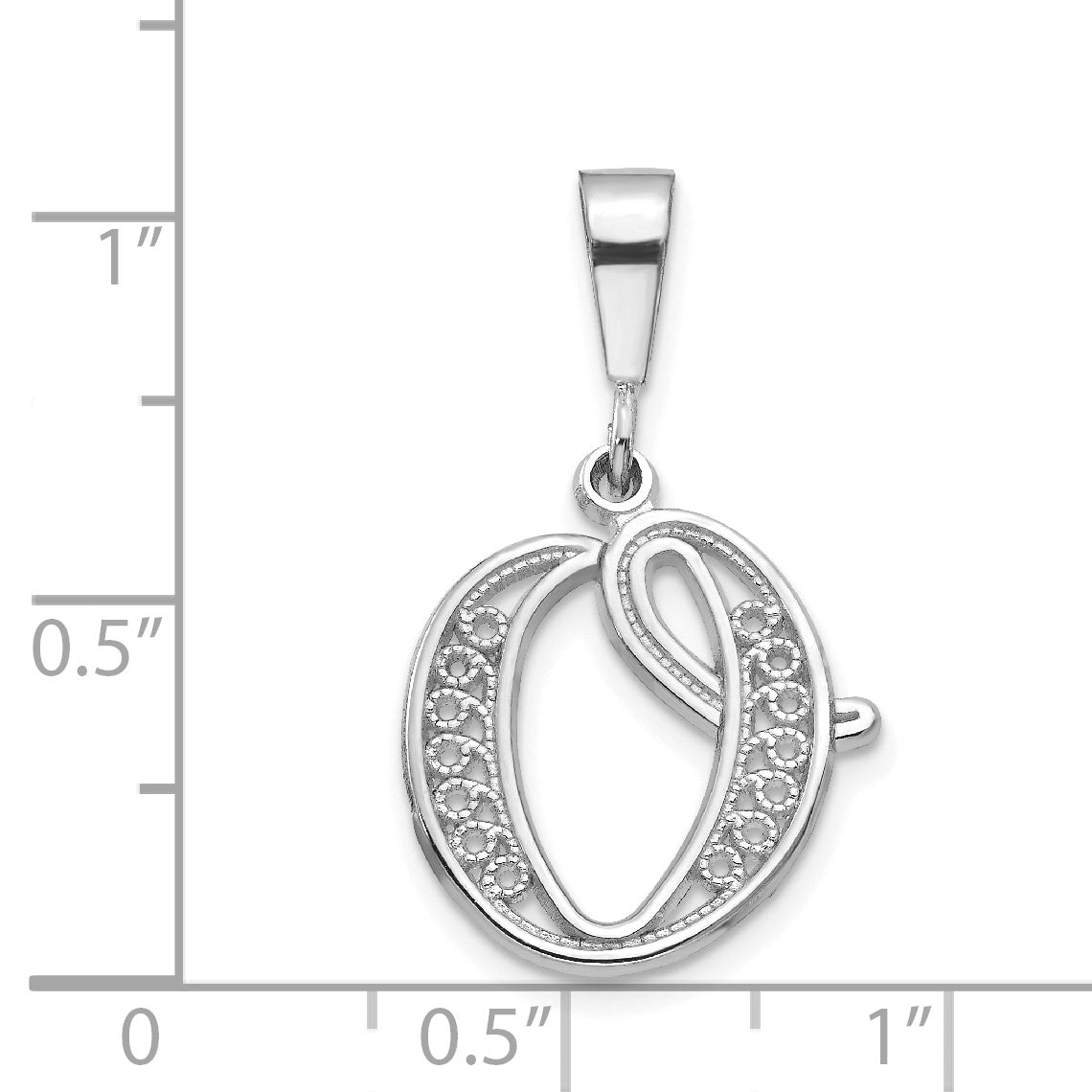 10K White Gold Filigree Initial O Pendant with Polished Rhodium Finish