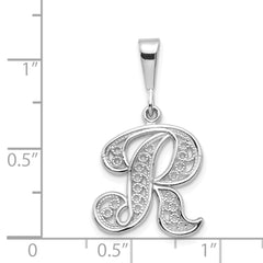 10K White Gold Filigree Initial R Pendant with Polished Rhodium Finish