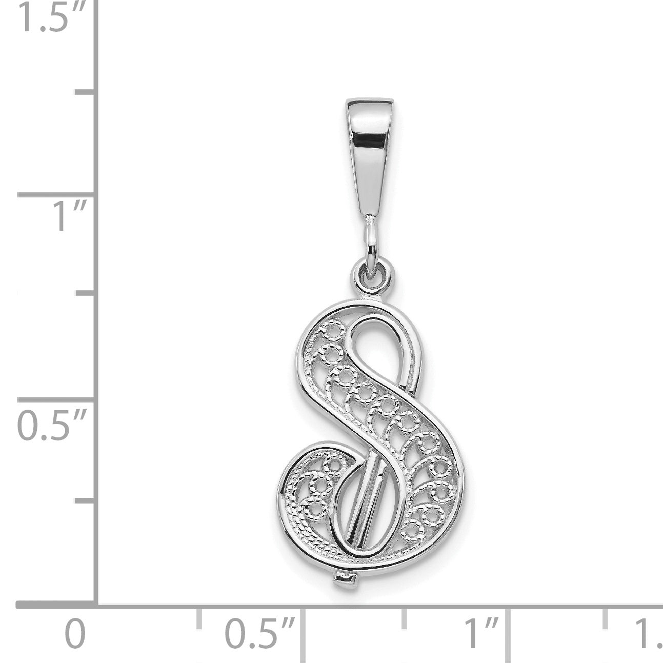 10K White Gold Filigree Initial S Pendant with Polished Rhodium Finish