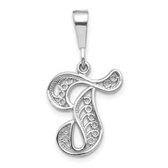 14KW White Gold Solid Polished Script Filigree Letter T Initial Pendant