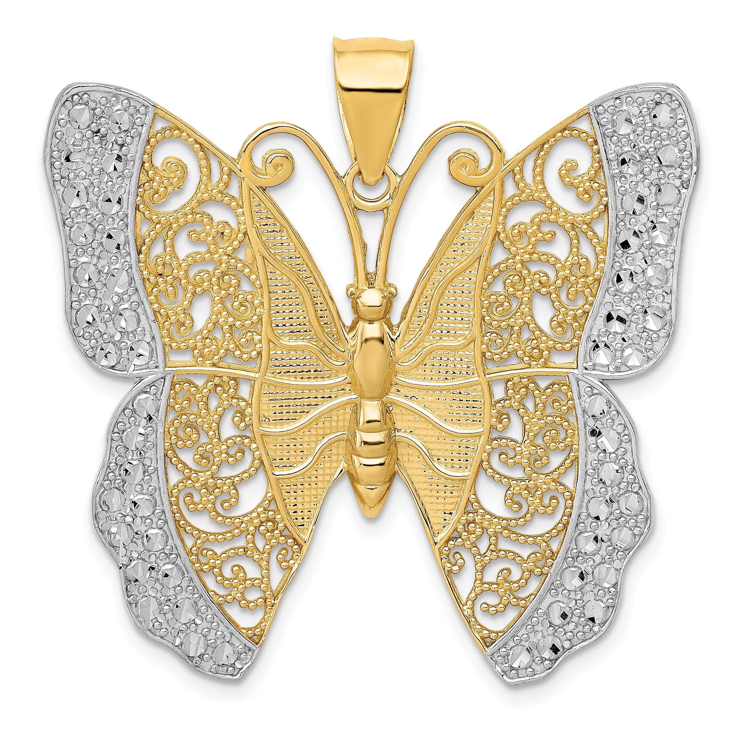 14k w/ Rhodium Solid Polished Diamond-cut Filigree Butterfly Pendant