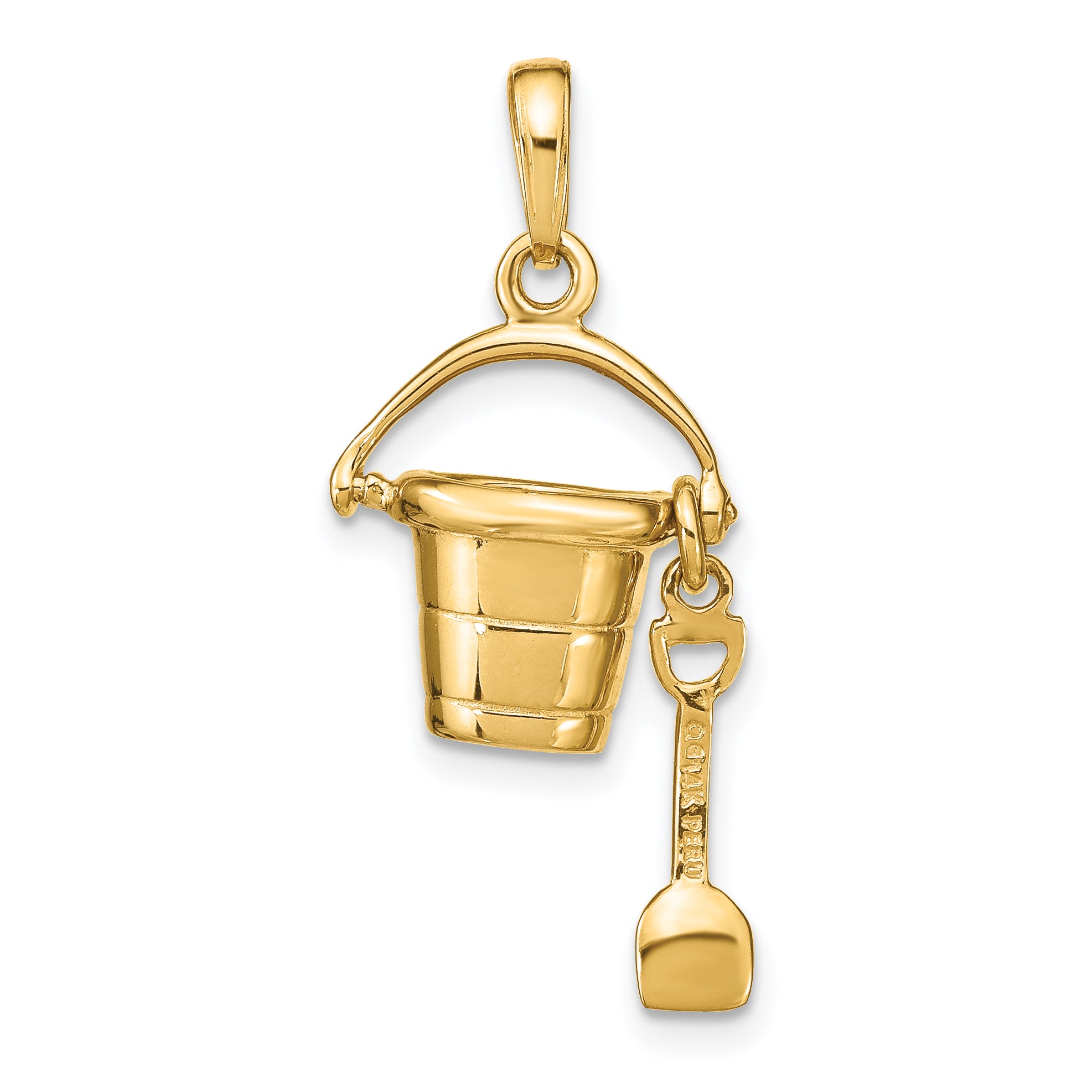 14K Gold 3D Moveable Pail and Shovel Pendant Polished Finish