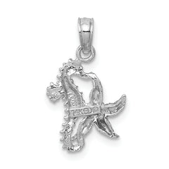 14K White Gold Solid Seahorse and Starfish Pendant