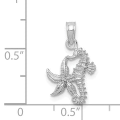 14K White Gold Solid Seahorse and Starfish Pendant