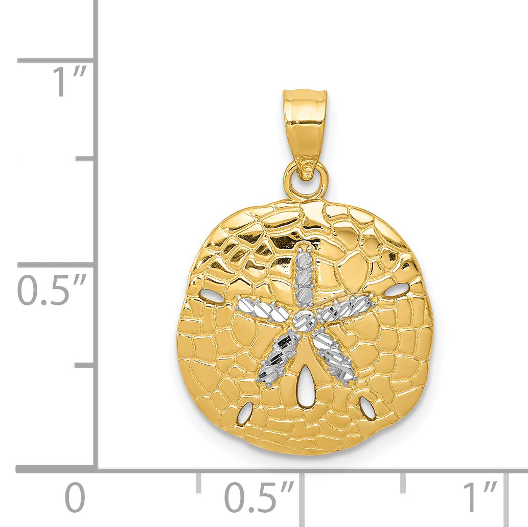 14K Gold Sand Dollar Pendant with White Rhodium Diamond-Cut Finish