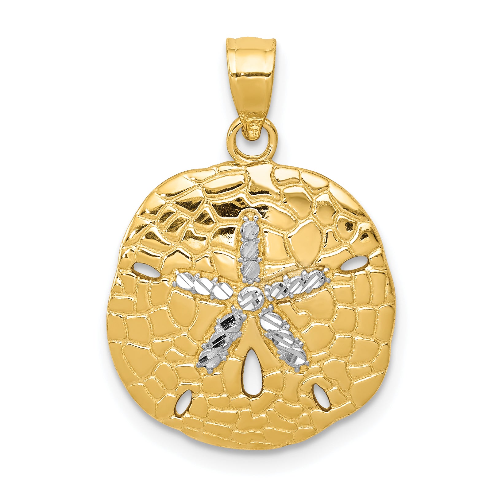 14K with White Rhodium Polished Diamond-Cut Sand Dollar Pendant